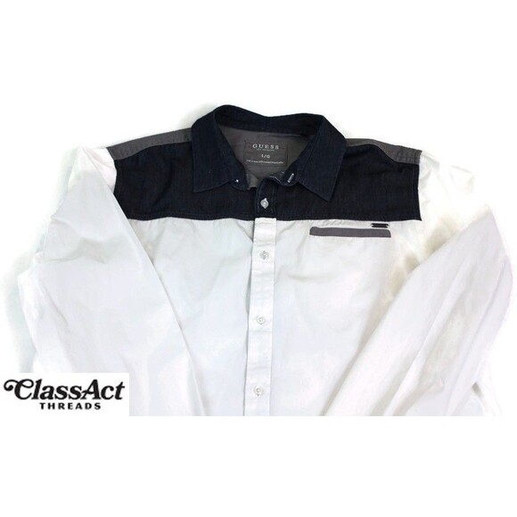 GUESS Men's Casual Button Down Blue White Long Sleeve Sz L - Picture 2 of 7